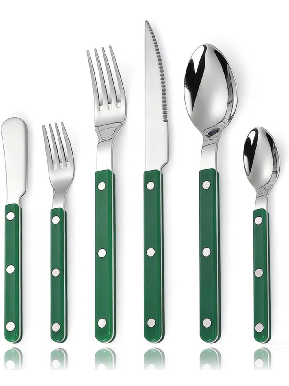 Green Stainless Steel Flatware Set with Riveted Handles